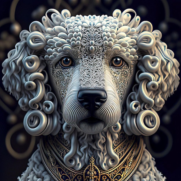 Una scultura di un cane con i capelli ricci e una collana intorno.