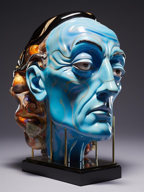 una scultura di un uomo con una faccia blu e un disegno blu e oro.