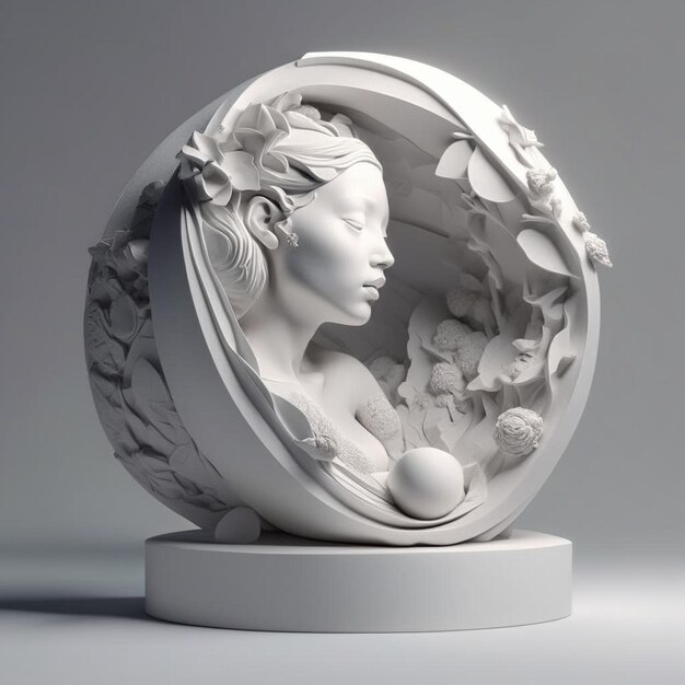 una scultura di una donna con un fiore nei capelli