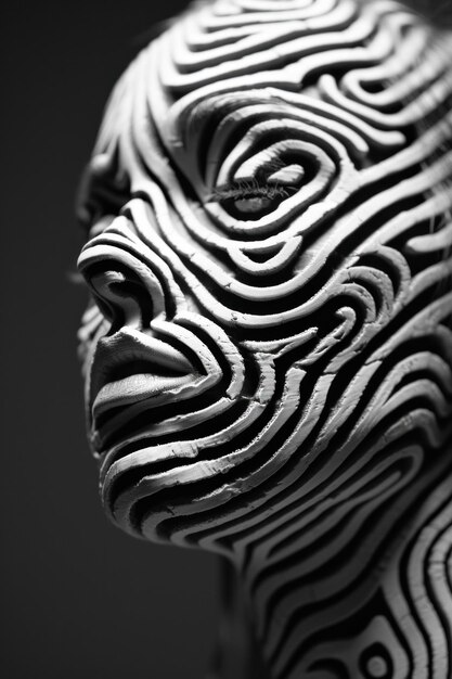 Una scultura di una faccia fatta di linee ondulate ai