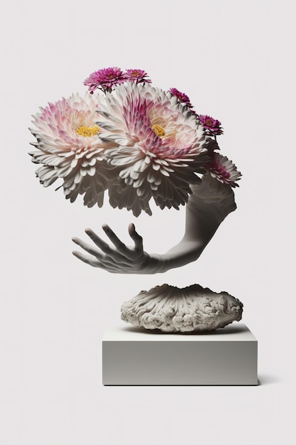 Una scultura di una mano che tiene un mazzo di fiori Immagine generativa AI surreale elemento di natura morta su sfondo bianco