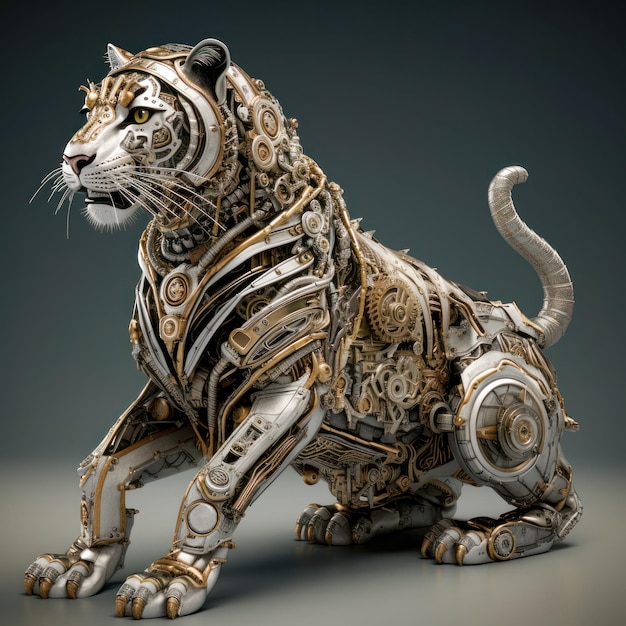 Una scultura di una tigre con una catena intorno.