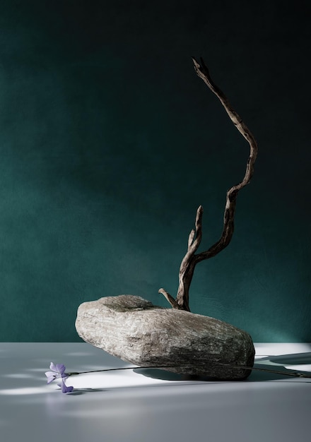 Una scultura è su un tavolo con sopra un fiore.