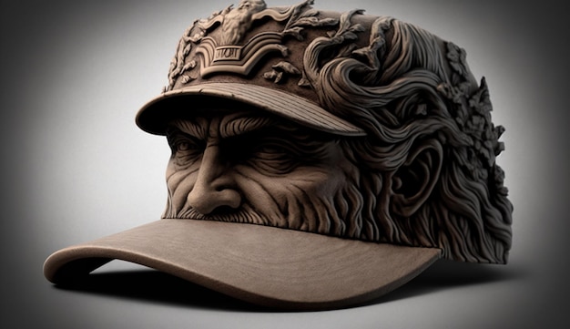 Una scultura in legno del volto di un uomo con sopra un berretto