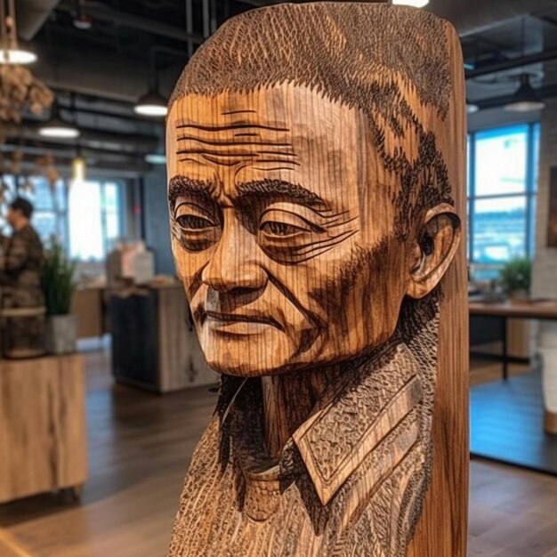 Una scultura in legno di un uomo con la barba è in un negozio.