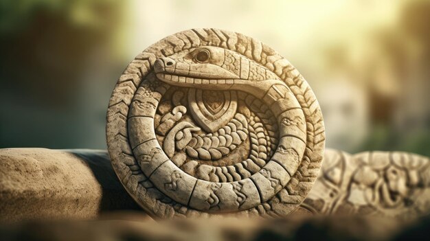 Una scultura in pietra di un serpente in stile azteco o maya