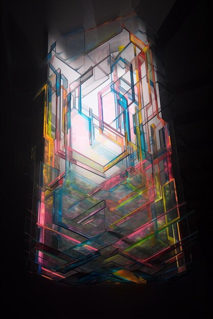 Una scultura in vetro con un motivo in vetro color arcobaleno.