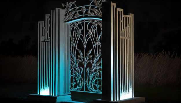 Una scultura luminosa con un cancello di notte.