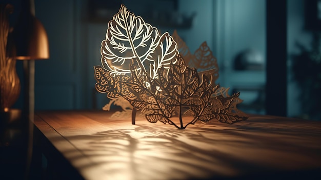 Una scultura luminosa di foglie è illuminata su un tavolo.