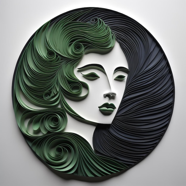 Una scultura verde e nera di una donna con i capelli lunghi.