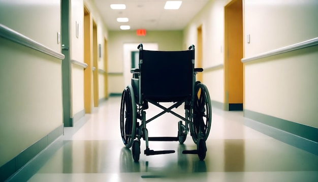 una sedia a rotelle è in un corridoio con un cartello di uscita rosso sopra