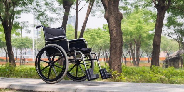 Una sedia a rotelle è parcheggiata in un parco.