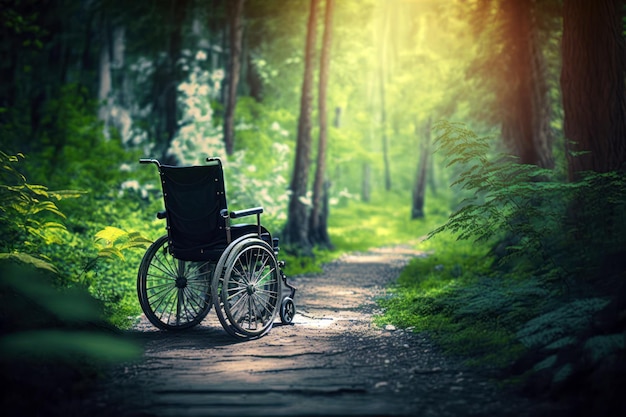 Una sedia a rotelle è parcheggiata su un sentiero in una foresta.