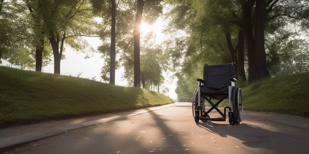 Una sedia a rotelle su una strada con il sole che splende attraverso gli alberi.