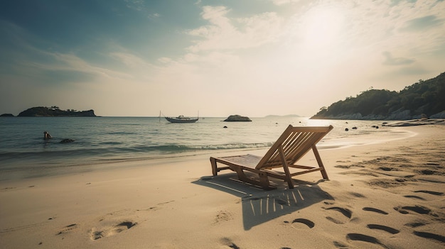 Una sedia a sdraio su una spiaggia con il sole che tramonta sullo sfondo