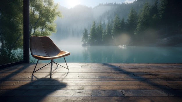 una sedia appoggiata sulla superficie di un pavimento in legno e posta vicino ad un lago