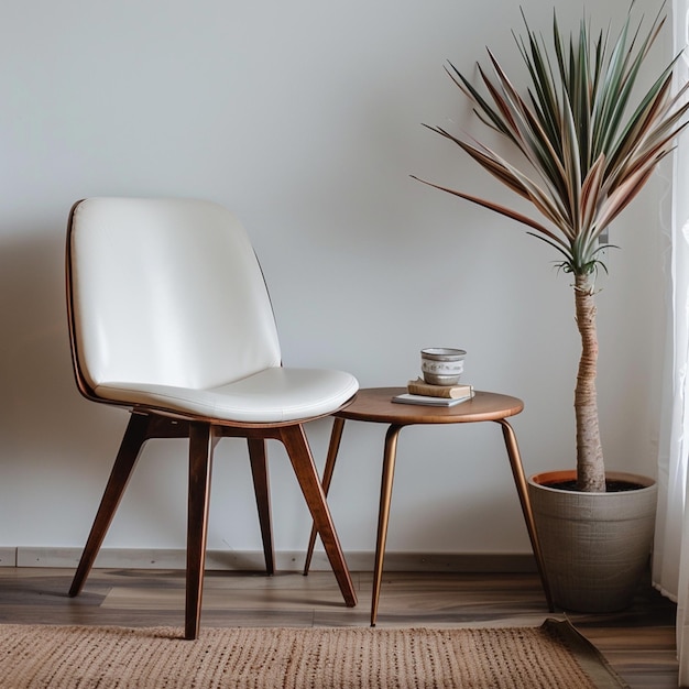 una sedia bianca con una palma nell'angolo accanto a una pianta e una pianta in vaso
