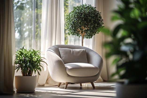 Una sedia bianca si siede di fronte a una finestra con una pianta nell'angolo