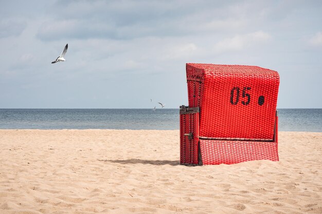 Una sedia da spiaggia rossa vuota sulla spiaggia del Mar Baltico sullo sfondo si può vedere un gabbiano