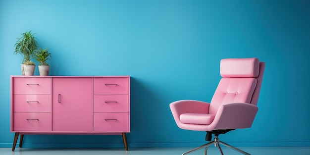 Una sedia da ufficio rosa seduta di fronte a un armadio blu