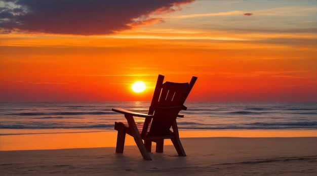 Una sedia davanti a un tramonto in spiaggia di Generative AI
