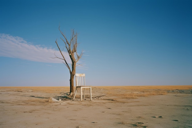 una sedia e un albero nel mezzo di un deserto