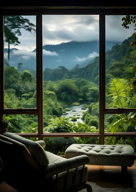 una sedia e un pouf seduti davanti a una finestra Finestra vista dalla finestra del resort