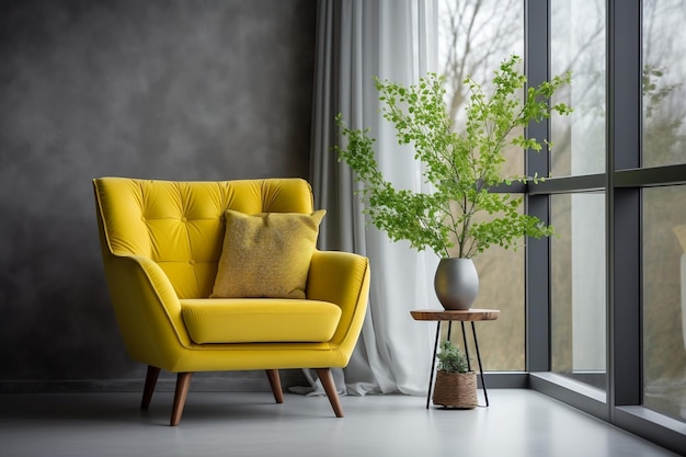 Una sedia gialla seduta davanti a una finestra AI