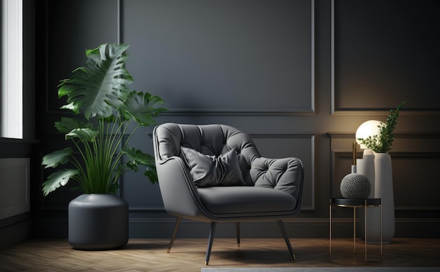 Una sedia grigia in un soggiorno con una pianta. interno domestico. ai generato