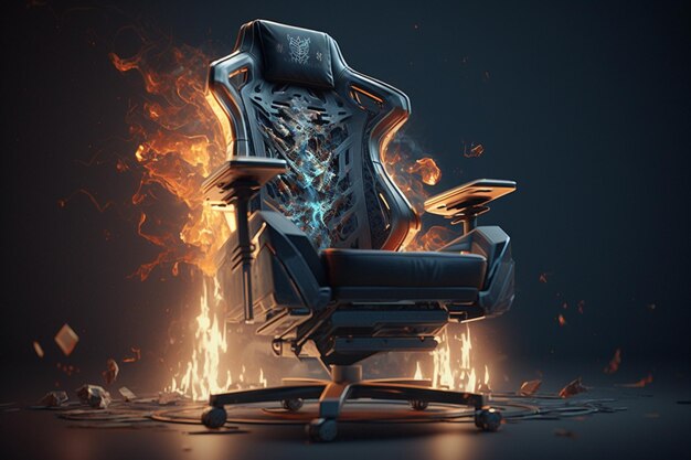 Una sedia in fiamme con sopra un teschio davanti a un fuoco.