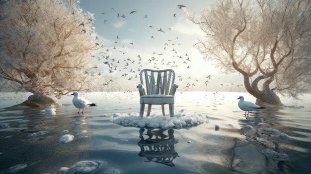 Una sedia in uno stagno con uccelli che volano intorno