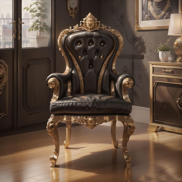 Una sedia nera con finiture dorate e una poltrona dorata in una stanza con un orologio sul muro.