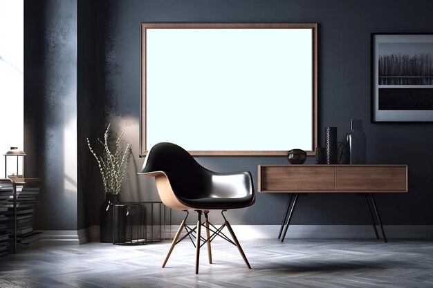 Una sedia nera e marrone in una stanza buia con un grande schermo bianco sul muro.