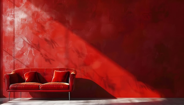 una sedia rossa con un cuscino rosso si siede di fronte a una parete rossa