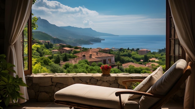 una sedia seduta davanti a una finestra con vista sull'oceano Finestra vista dalla finestra della villa