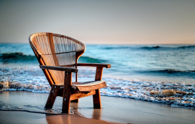 Una sedia si trova su una spiaggia sabbiosa sullo sfondo dell'oceano durante il tramonto IA generativa