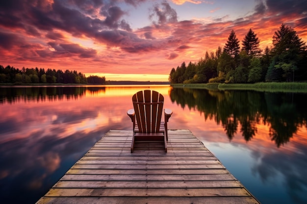 Una sedia su un molo di legno che si affaccia su un lago sereno durante il tramonto