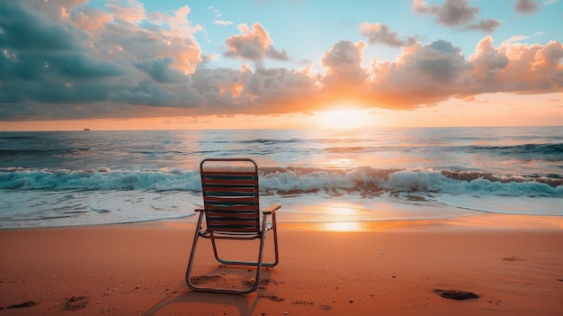 Una sedia sul bordo delle acque sulla spiaggia sotto il cielo colorato al crepuscolo