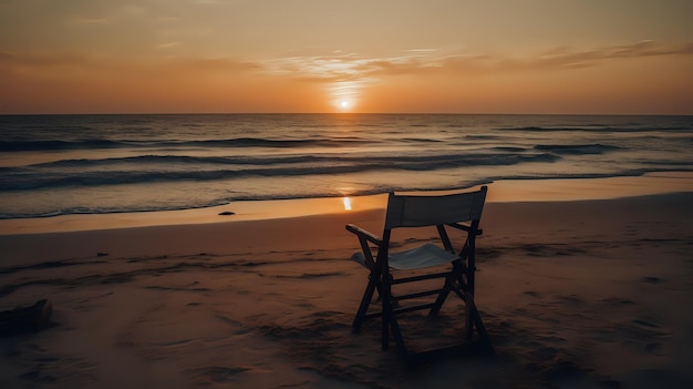 Una sedia sulla spiaggia al tramonto