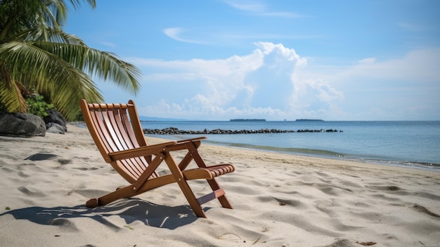 Una sedia sulla spiaggia con una palma sullo sfondo