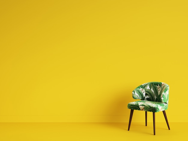 Una sedia verde con ornamnet su backgrond giallo. Concetto di minimalismo. Illustrazione digitale rendering 3D mock up