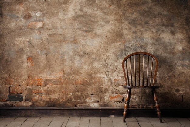 Una sedia vuota di legno contro il muro.