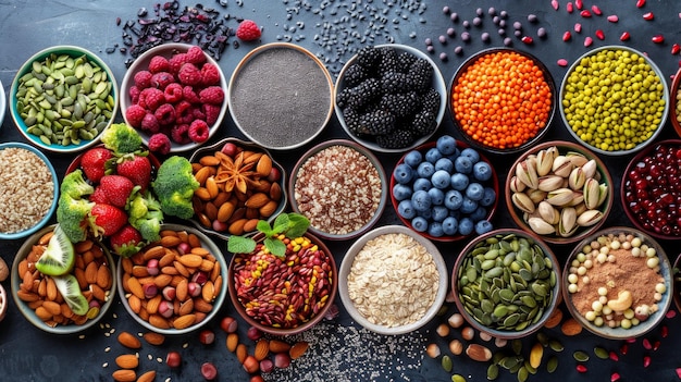 Una selezione curata di alimenti sani con una varietà colorata di superalimenti frutta bacche noci e semi che promuovono uno stile di vita nutriente