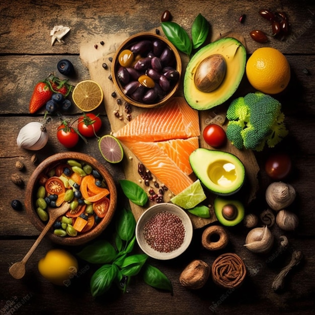 Una selezione di alimenti tra cui avocado, olive, pomodori e altri alimenti su un tavolo di legno.