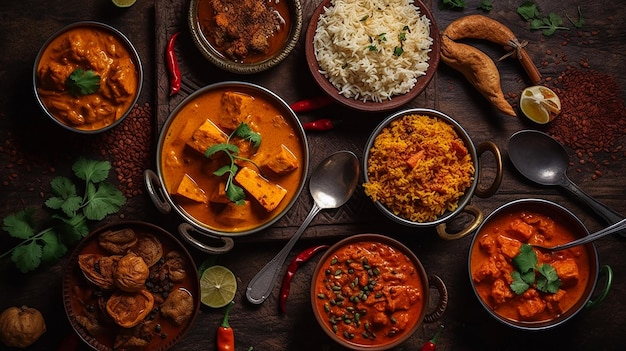 Una selezione di diversi piatti tra cui riso al curry e spezie