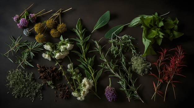 Una selezione di erbe e fiori su uno sfondo scuro