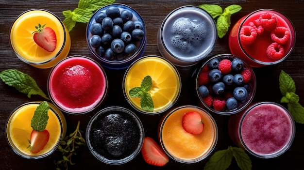 una selezione di frutta e verdura tra cui mirtilli, lamponi e arance.
