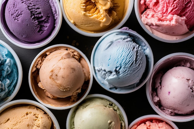 Una selezione di gelati colorati è allineata su un tavolo