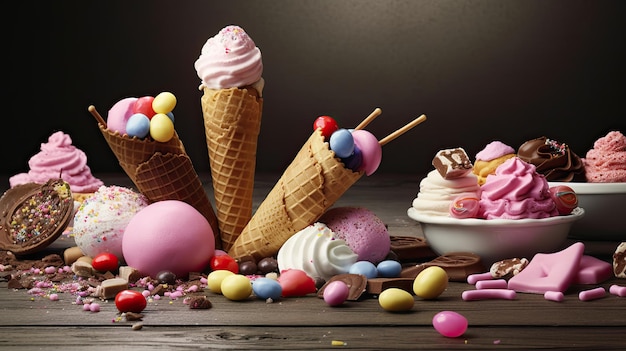 Una selezione di gelati e caramelle è su un tavolo.