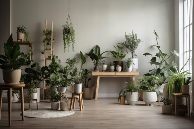 Una selezione di piante da interno e vegetazione in un ambiente moderno e minimalista creato con l'IA generativa